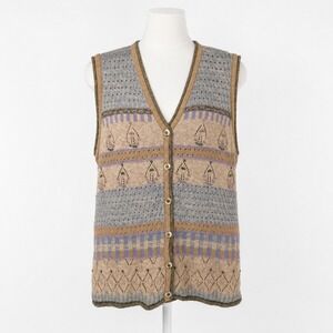 Vintage 90s Floral Embroidered Sweater Vest Size M Brown Cottagecore Pointelle